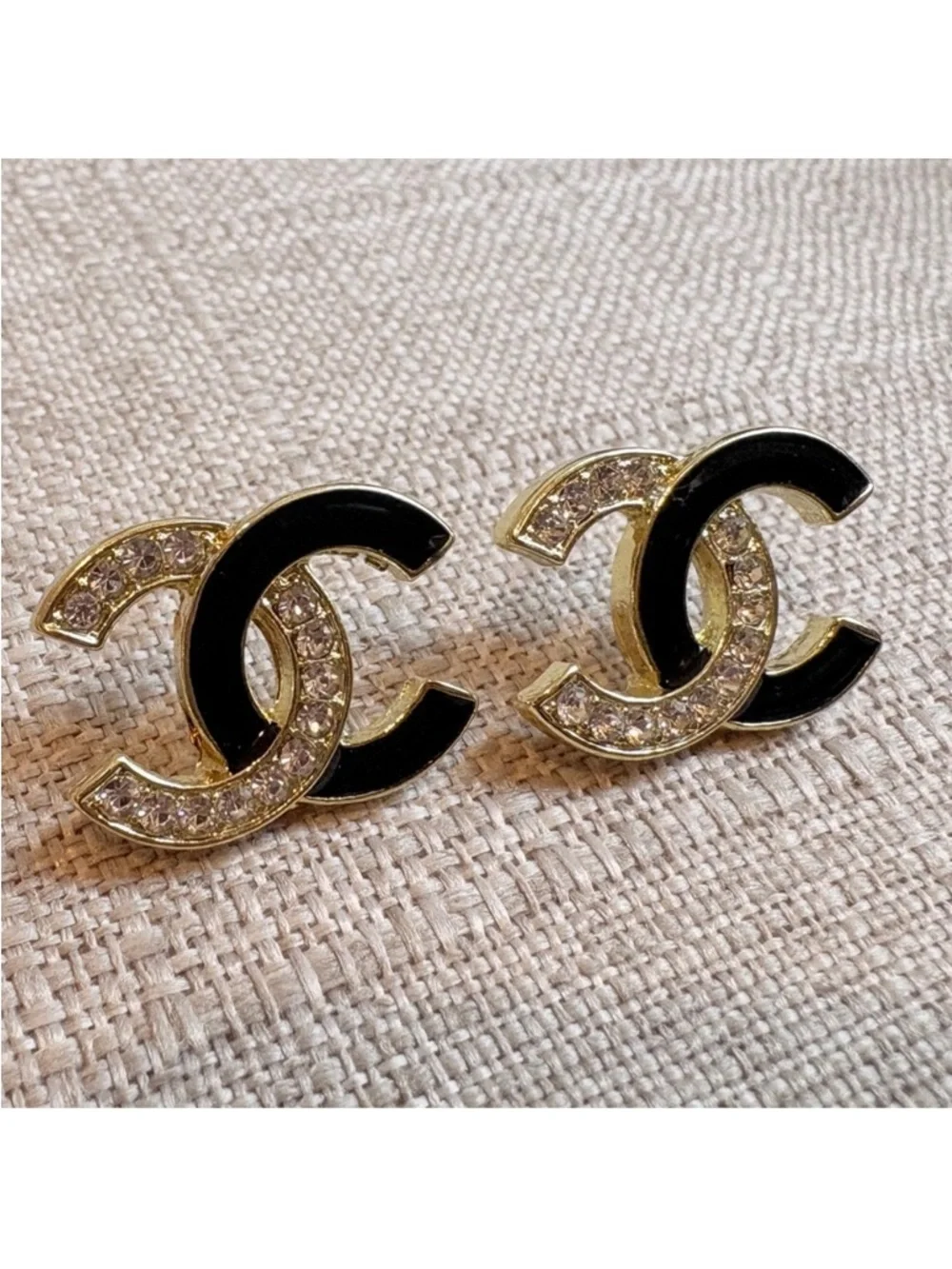 CHANEL Black and Gold CC Crystal Enamel Stud Earrings